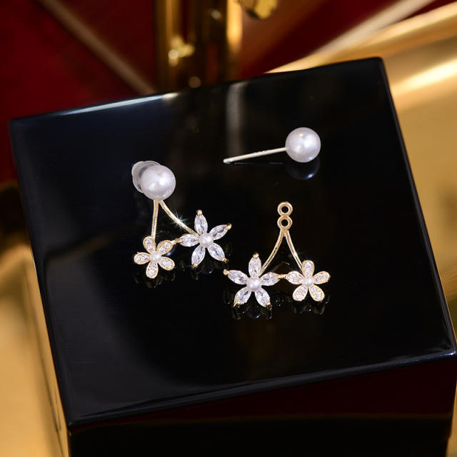 Korean fashion cubic zircon flower pearl jacket earrings