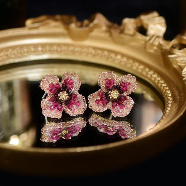 Elegant cubic zircon beads flower ear studs