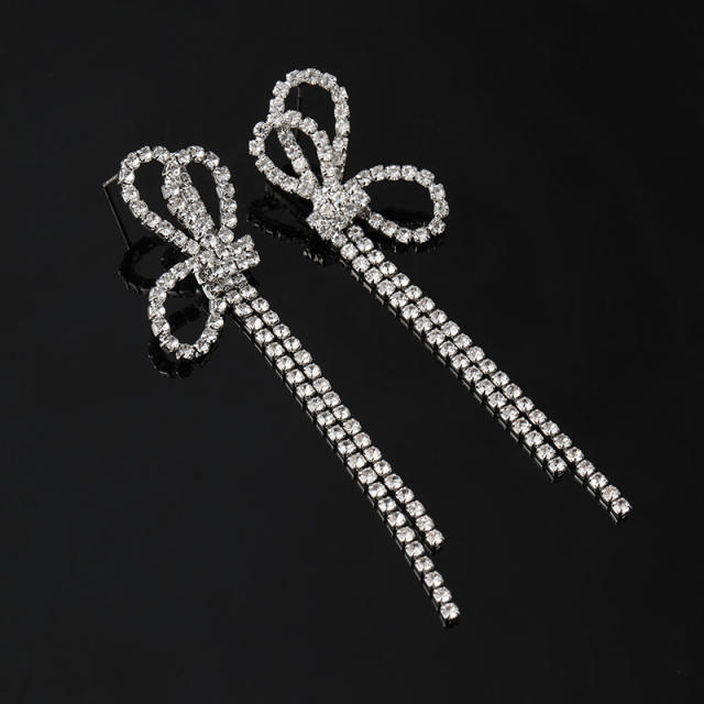 Diamond bow tassel dangle earrings clip on earrings