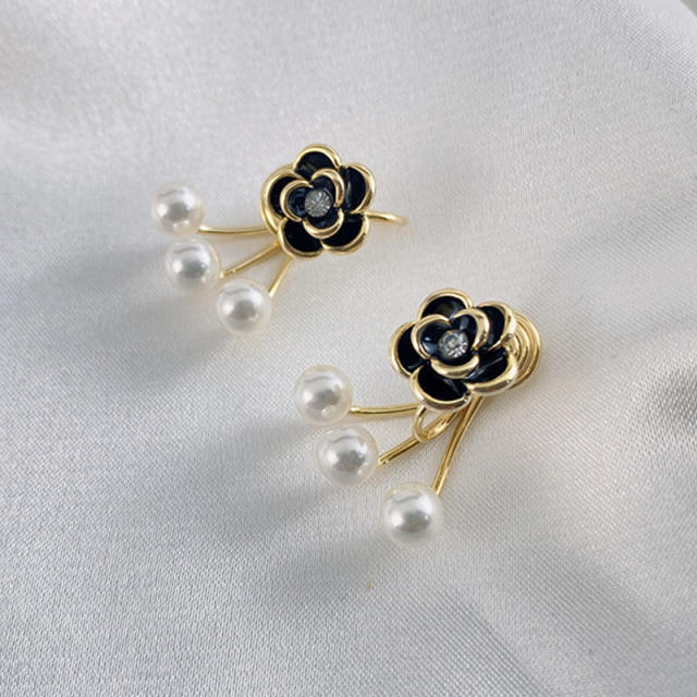 Black camellia pearl bead clip on earrings