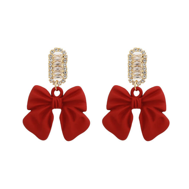 Color bow rhinestone drop earrings clip on earrings