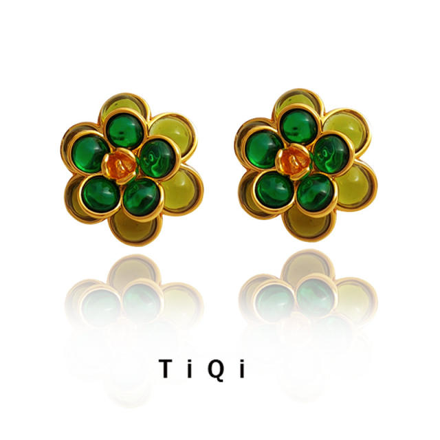 925 needle green color resin beads flower ear studs
