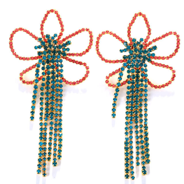 Luxury rhienstone pave setting hollow flower tassel earrings