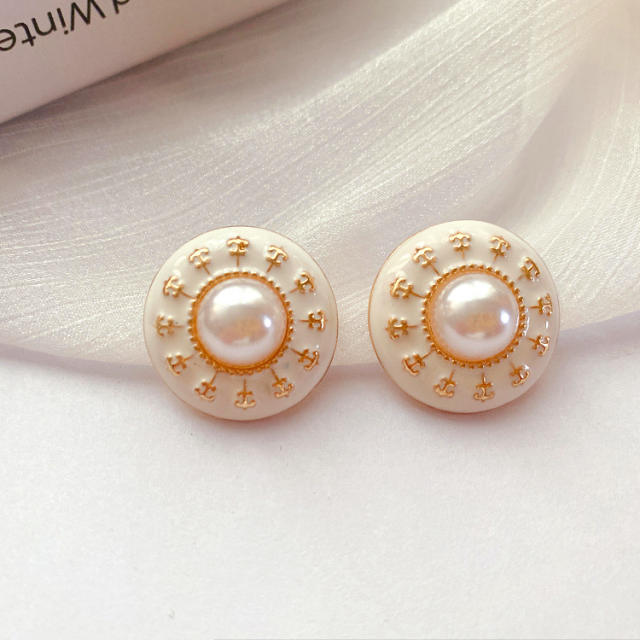 Vintage round shape pearl 925 needle enamel ear studs