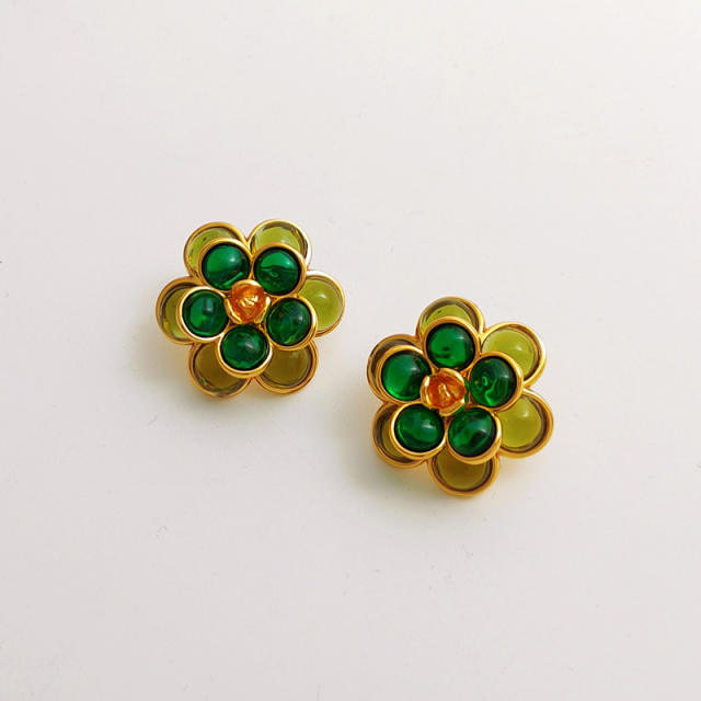 925 needle green color resin beads flower ear studs