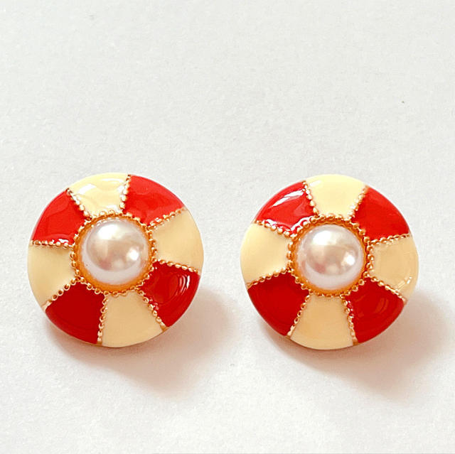 Vintage color enamel round shape 925 needle ear studs