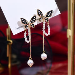 Elegant black butterfly pearl tassel long earrings