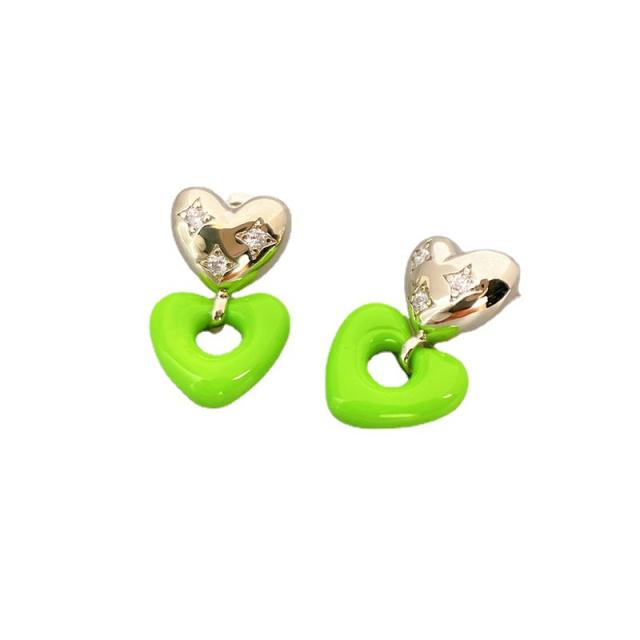 S925 needle green color enamel heart earrings