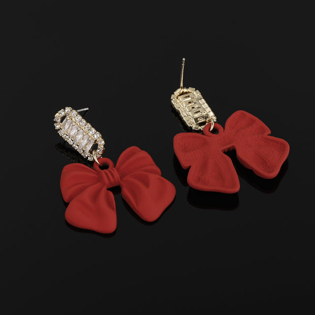 Color bow rhinestone drop earrings clip on earrings