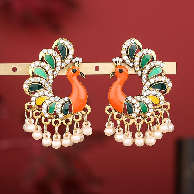 Color enamle peacock tassel earrings