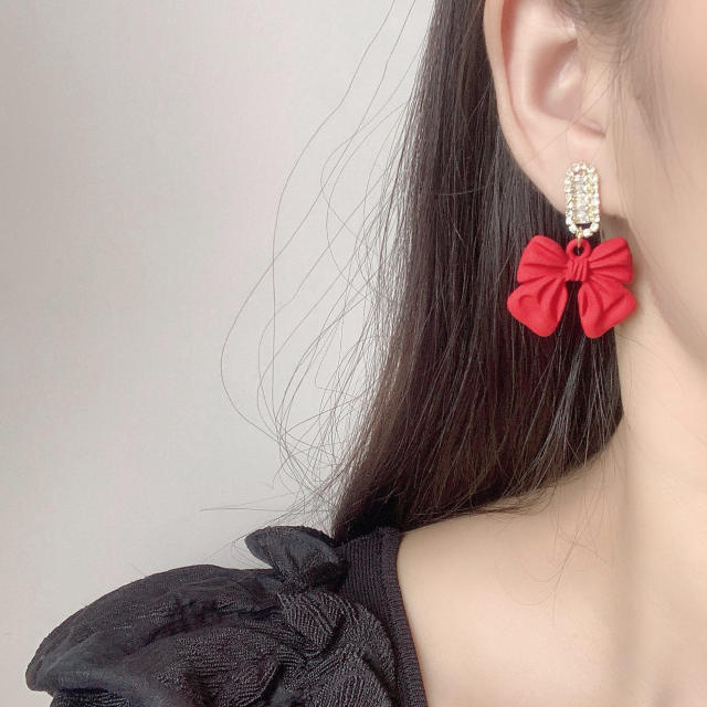 Color bow rhinestone drop earrings clip on earrings