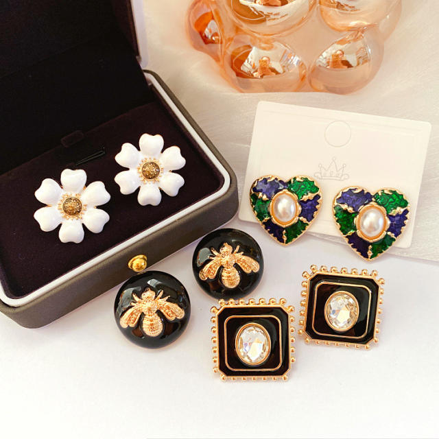 Vintage 925 needle enamel flower ear studs