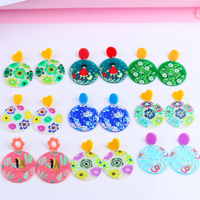 Summer cute floral round charm acrylic earrings