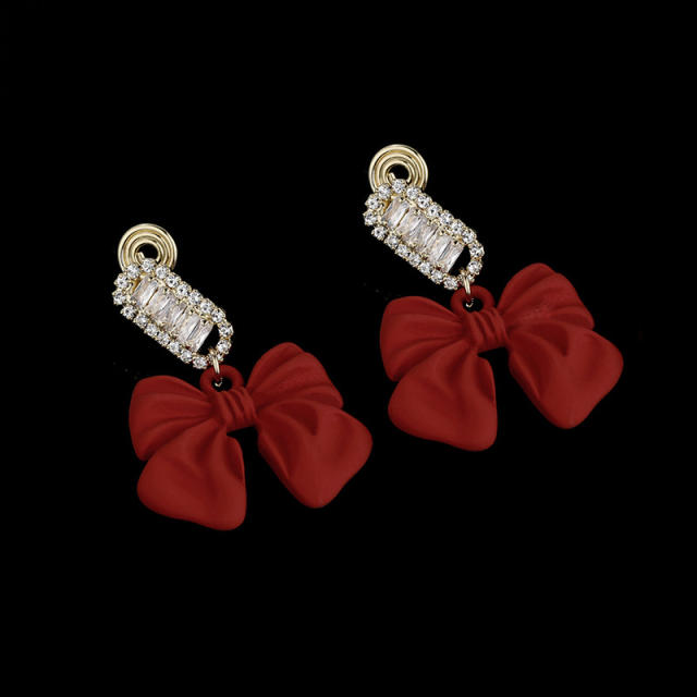 Color bow rhinestone drop earrings clip on earrings