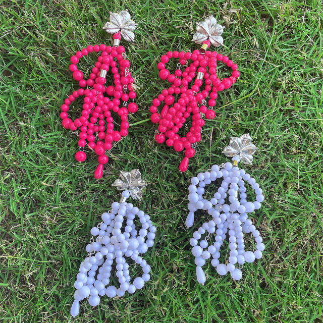 Handmade beaded bow long dangle earrings
