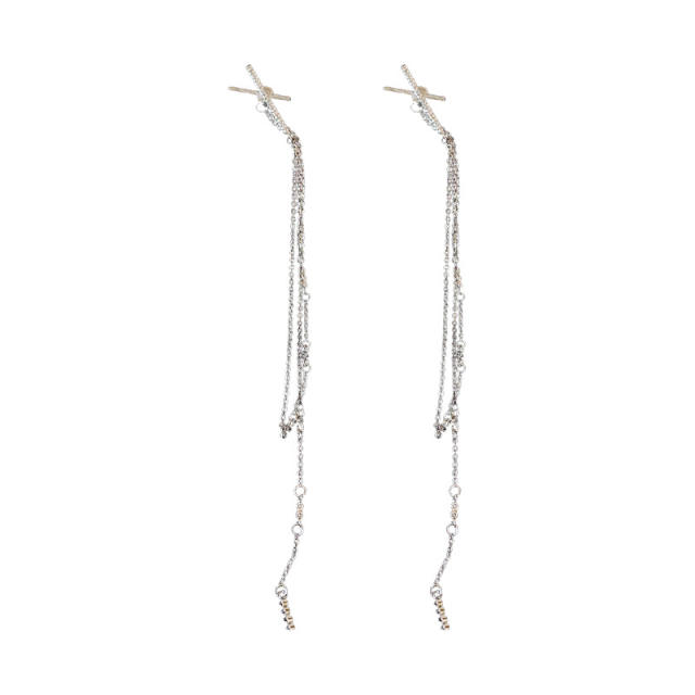 Silver needle cubic zircon tassel cross long earrings