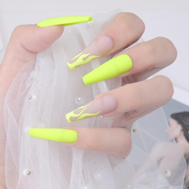 Frosted fluorescent yellow flame false nails