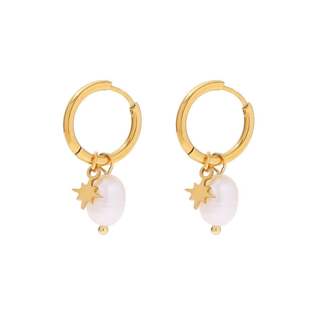 18KG waterpearl charm stainless steel earrings