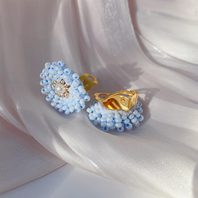 Light blue color beaded flower handmade ear studs clip on earrings