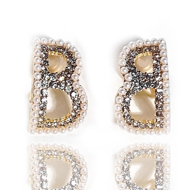 Inital B pearl rhinestone beaded clip on earrings