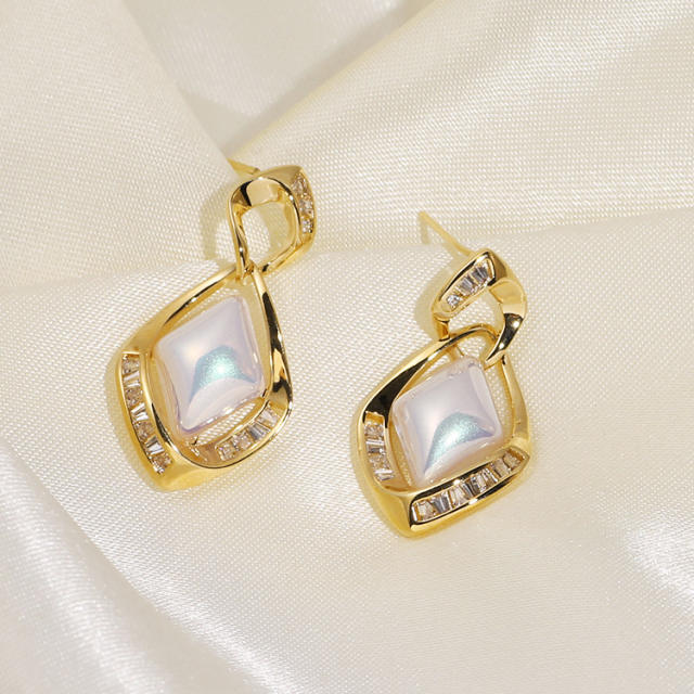 CZ pearl diamond shape clip on earrings