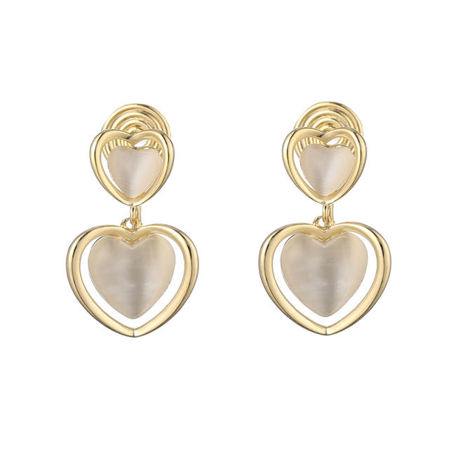 Opal heart drop earrings clip on earrings