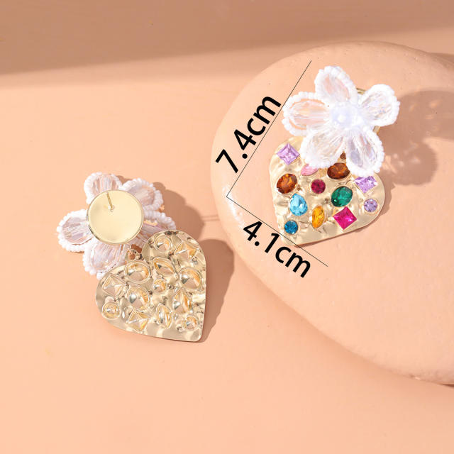 Handmade white seed beads flower metal heart earrings