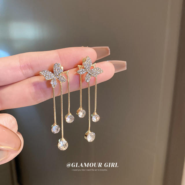 Silver needle diamond butterfly jacket earrings