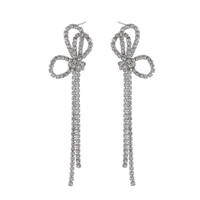 Diamond bow tassel dangle earrings clip on earrings