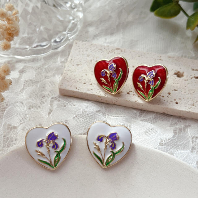 Vintage enamel heart 925 needle ear studs