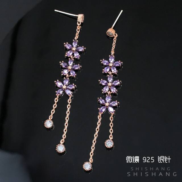 Amethyst flower tassel dangle earrings clip on earrings