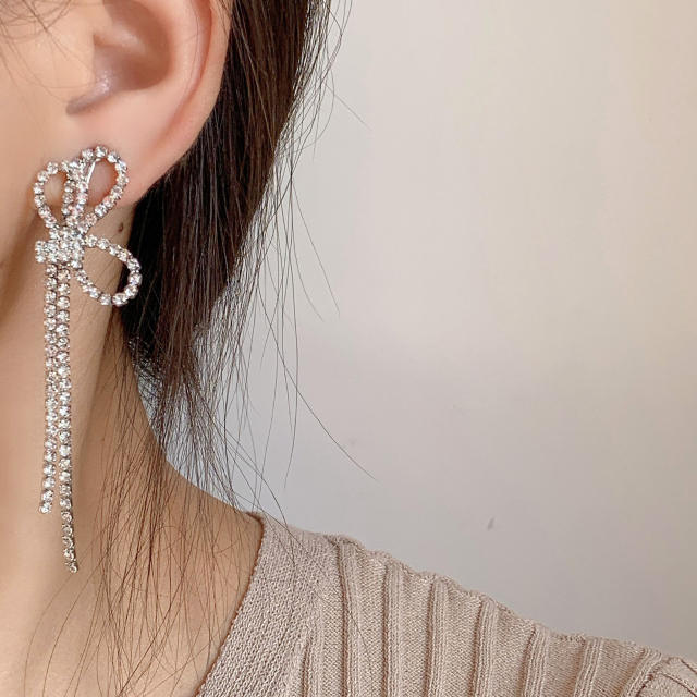 Diamond bow tassel dangle earrings clip on earrings