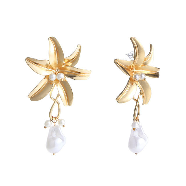 Wish hot sale metal bloom flower pearl drop earrings