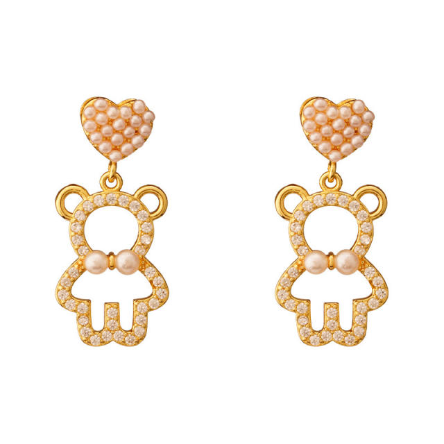 Cartoon pearl beaded bear clip on earrings drop earrings