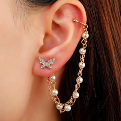 Diamond butterfly pearl beaded one piece ear cuff