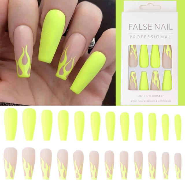 Frosted fluorescent yellow flame false nails