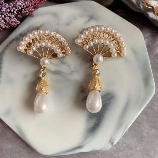 Vintage 925 needle pearl fan hollow out earrings brooch