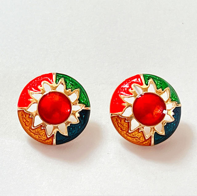 Vintage color enamel round shape 925 needle ear studs