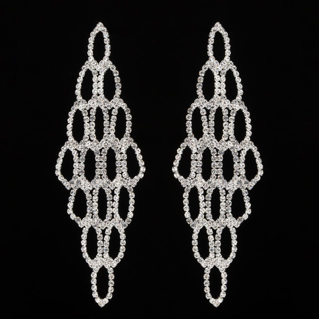 Hollow design pave setting rhinestone long earrings