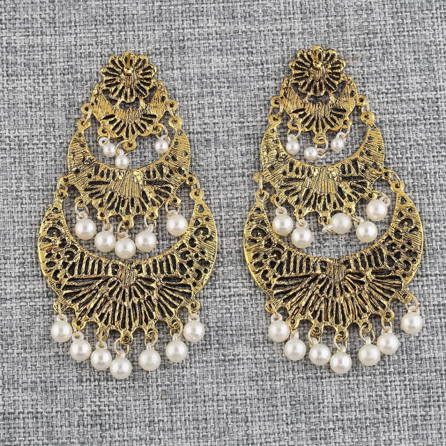 Vintage pearl tassel metal jhumka earrings