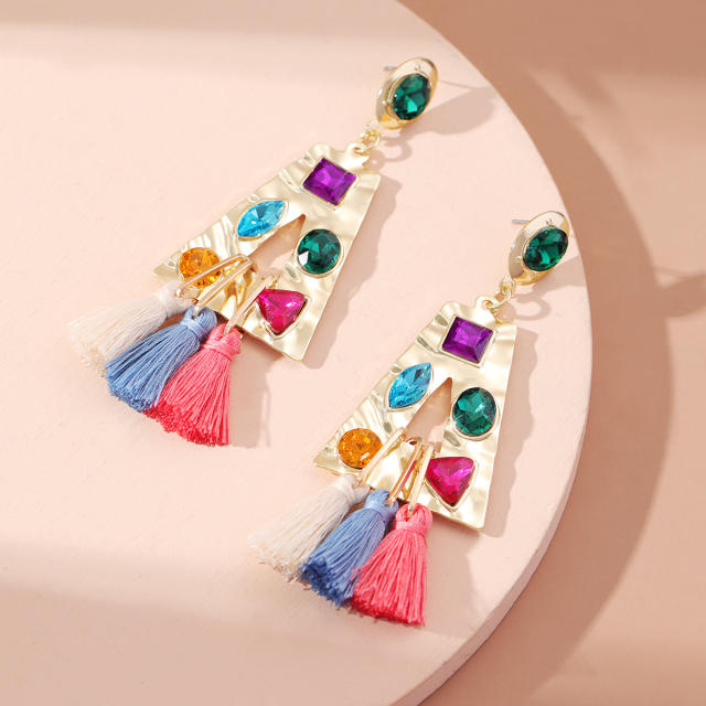 Colorful tassel cubic zircon statement holllow triangle earrings