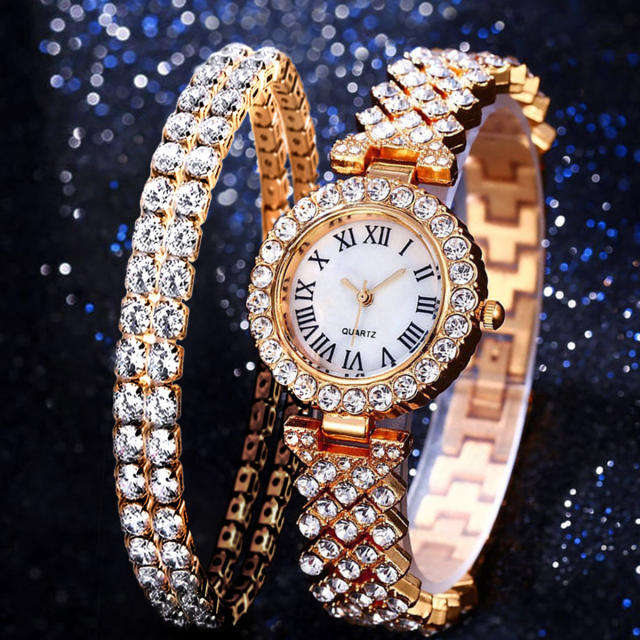 2pcs diamond bracelet women watch set