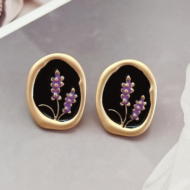 925 needle enamel Lavender flower ear studs