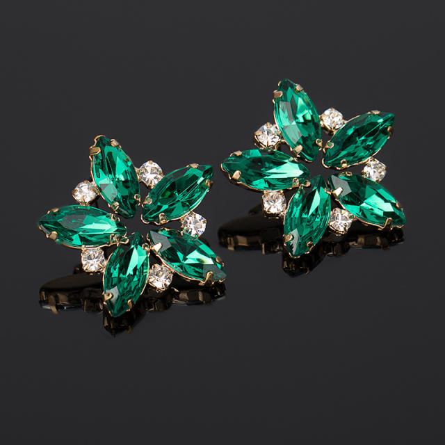 Green color glass crystal flower ear studs
