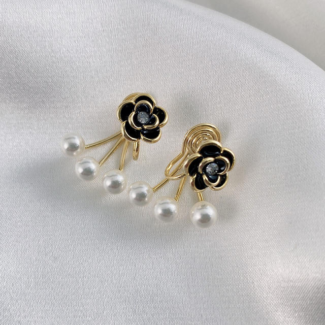 Black camellia pearl bead clip on earrings