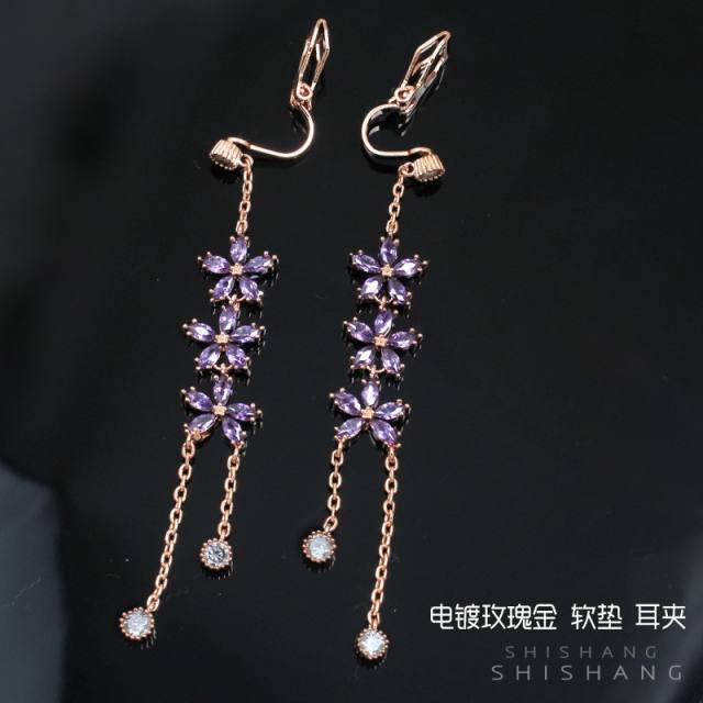 Amethyst flower tassel dangle earrings clip on earrings
