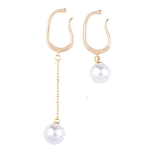 Pearl dangle earrings asymmetric clip on earrings