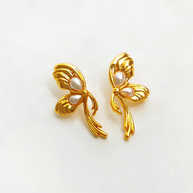 S925 needle cute gold color bowknot ear studs