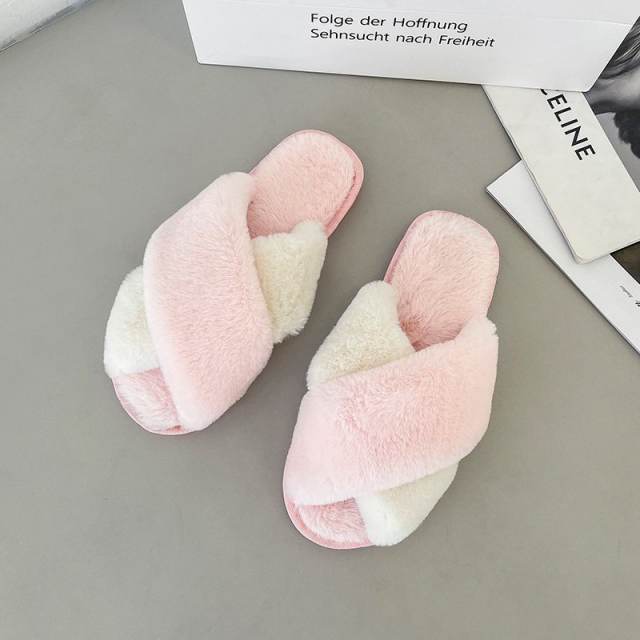 Two tone cross design fluffy slippers