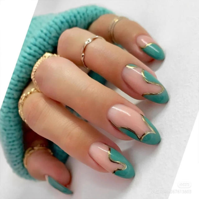 Mint green gold line false nails